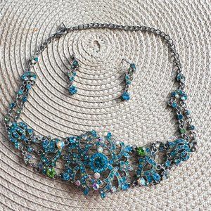 VOLM Blue Crystal CHOKER Collar Necklace Earrings Set